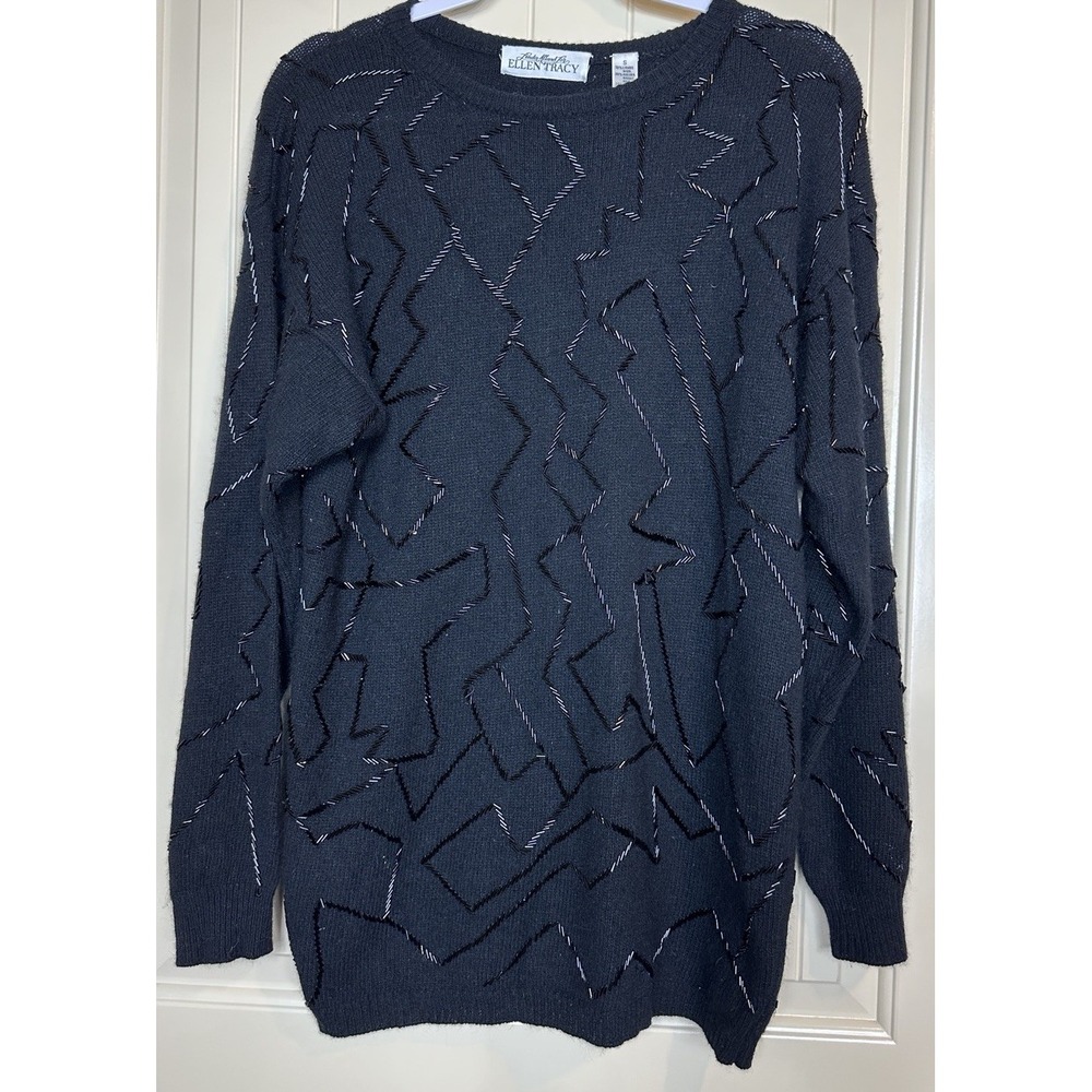 Linda Allard Ellen Tracy black‎ lambs Wool rabbit hair beaded tunic sweater sz S